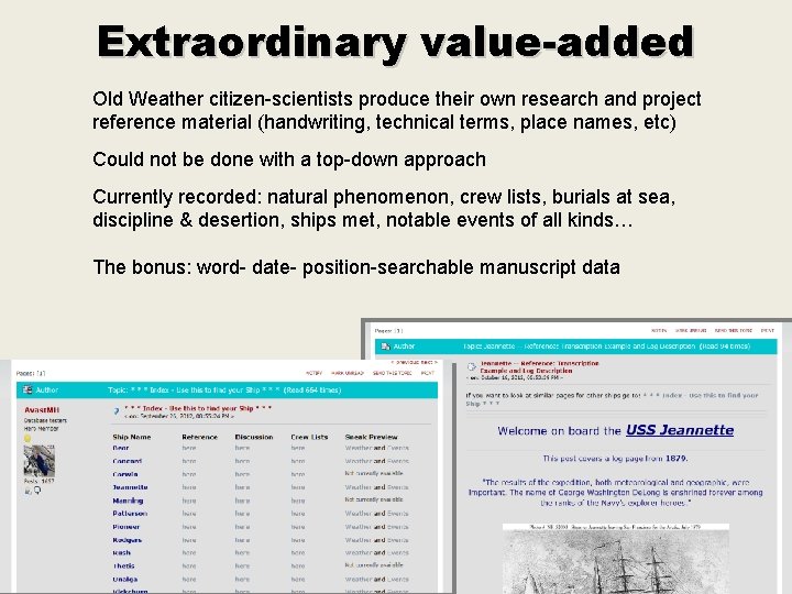 Extraordinary value-added Old Weather citizen-scientists produce their own research and project reference material (handwriting,