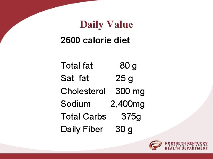Daily Value 2500 calorie diet Total fat 80 g Sat fat 25 g Cholesterol