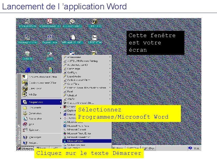 Lancement de l ’application Word Cette fenêtre est votre écran Sélectionnez Programmes/Microsoft Word Cliquez