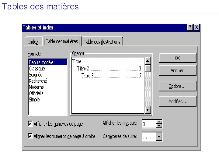 Tables des matières 