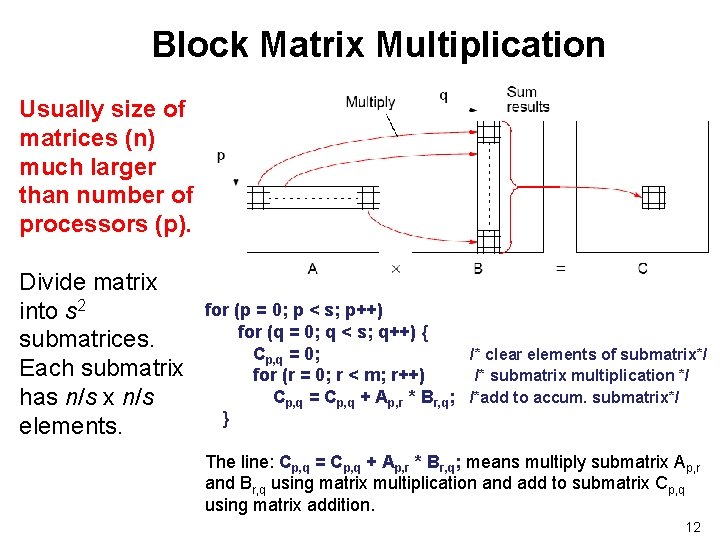 Block Matrix Multiplication Usually size of matrices (n) much larger than number of processors