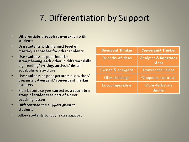7. Differentiation by Support • • Differentiate through conversation with students Use students with