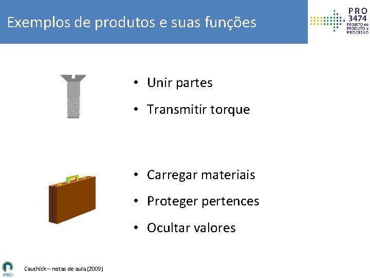 Exemplos de produtos e suas funções • Unir partes • Transmitir torque • Carregar