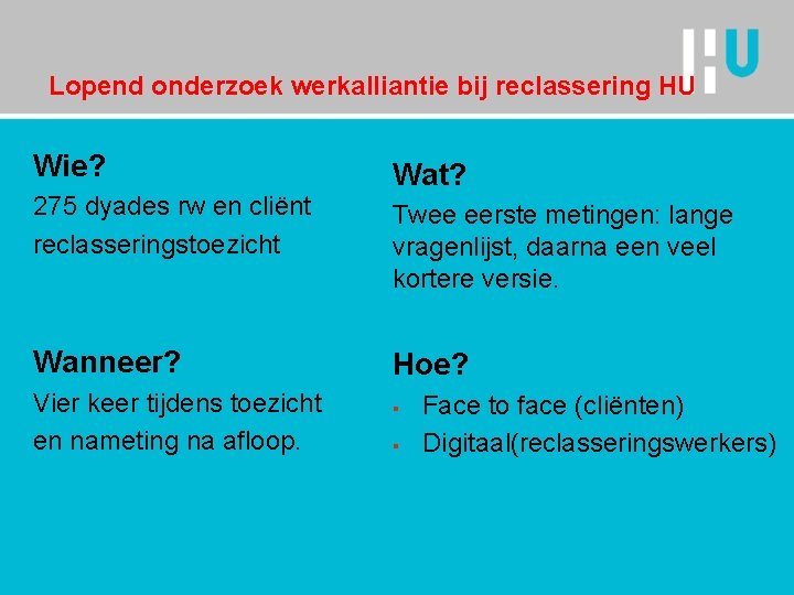 Lopend onderzoek werkalliantie bij reclassering HU Wie? Wat? 275 dyades rw en cliënt reclasseringstoezicht