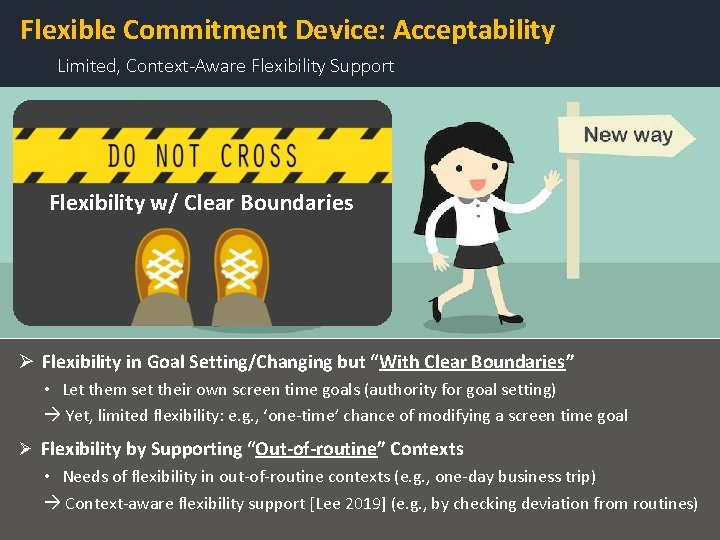 Flexible Commitment Device: Acceptability Limited, Context-Aware Flexibility Support Flexibility w/ Clear Boundaries V. S Flexible Commitment Device: Acceptability Limited, Context-Aware Flexibility Support Flexibility w/ Clear Boundaries V. S