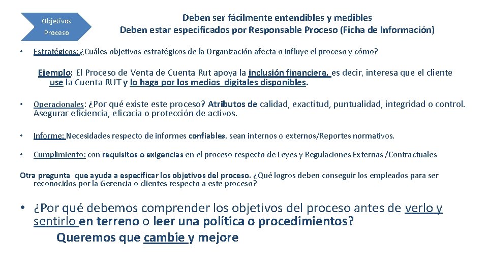 Objetivos Proceso • Deben ser fácilmentendibles y medibles Deben estar especificados por Responsable Proceso