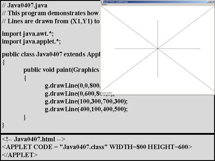 // Java 0407. java // This program demonstrates how to draw lines. // Lines