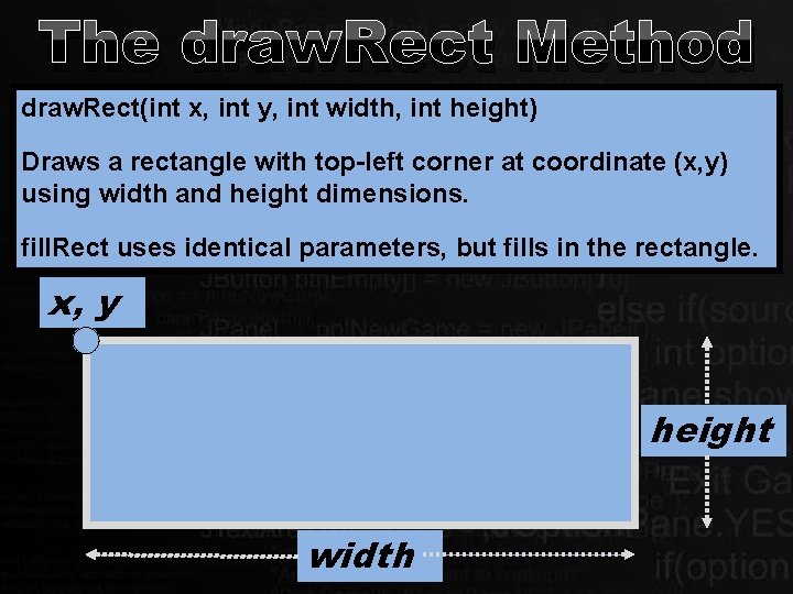 The draw. Rect Method draw. Rect(int x, int y, int width, int height) Draws