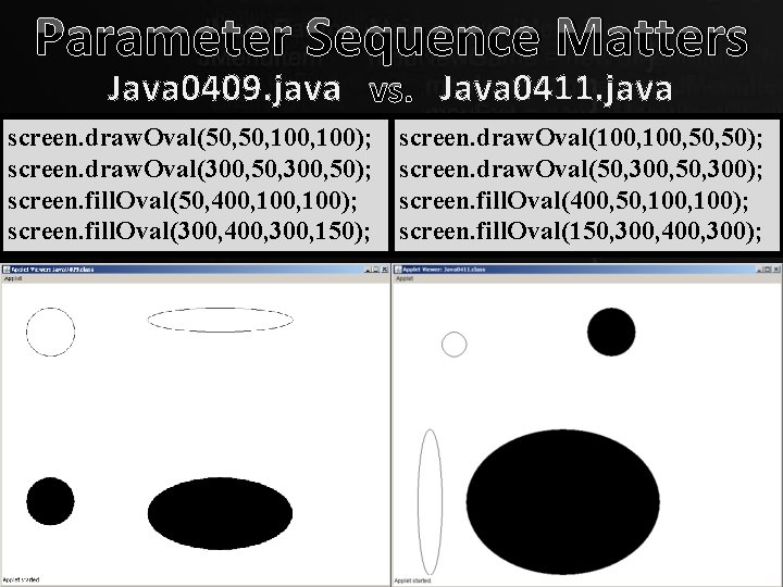 Parameter Sequence Matters Java 0409. java vs. Java 0411. java screen. draw. Oval(50, 100,