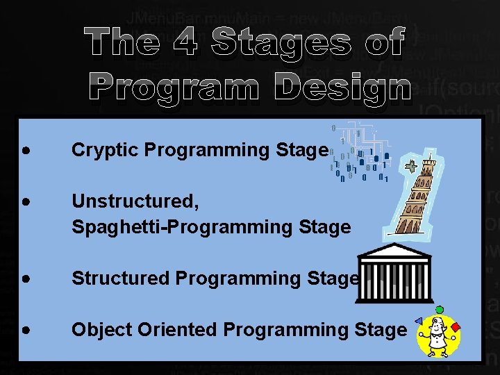 The 4 Stages of Program Design Cryptic Programming Stage Unstructured, Spaghetti-Programming Stage Structured Programming