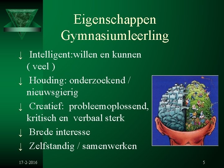 Eigenschappen Gymnasiumleerling ↓ Intelligent: willen en kunnen ↓ ↓ ( veel ) Houding: onderzoekend Eigenschappen Gymnasiumleerling ↓ Intelligent: willen en kunnen ↓ ↓ ( veel ) Houding: onderzoekend