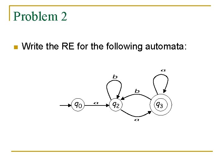 Problem 2 n Write the RE for the following automata: 