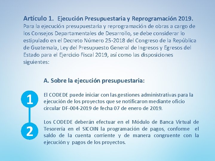 Artículo 1. Ejecución Presupuestaria y Reprogramación 2019. Para la ejecución presupuestaria y reprogramación de