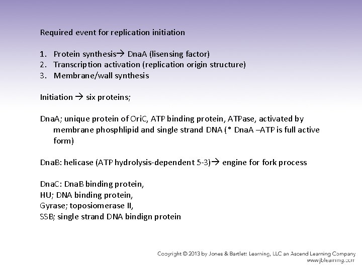Required event for replication initiation 1. Protein synthesis Dna. A (lisensing factor) 2. Transcription