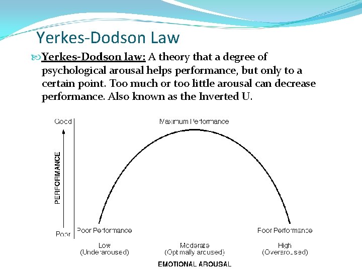 Yerkes-Dodson Law Yerkes-Dodson law: A theory that a degree of psychological arousal helps performance,