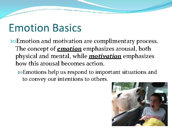 Emotion Basics Emotion and motivation are complimentary process. The concept of emotion emphasizes arousal,