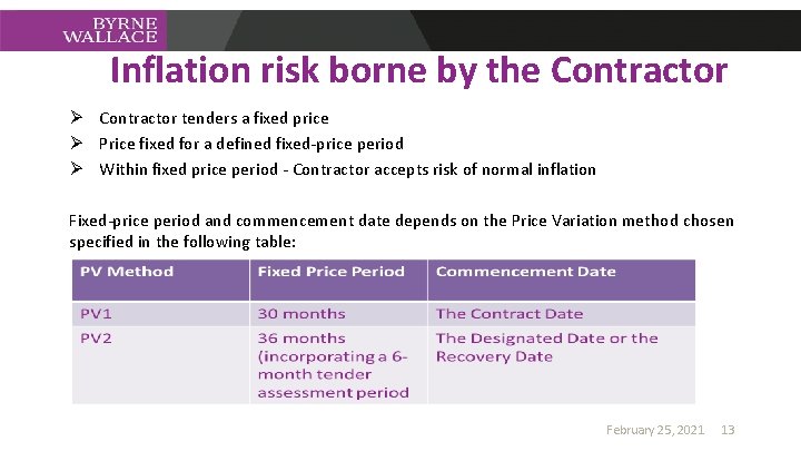 Inflation risk borne by the Contractor Ø Contractor tenders a fixed price Ø Price