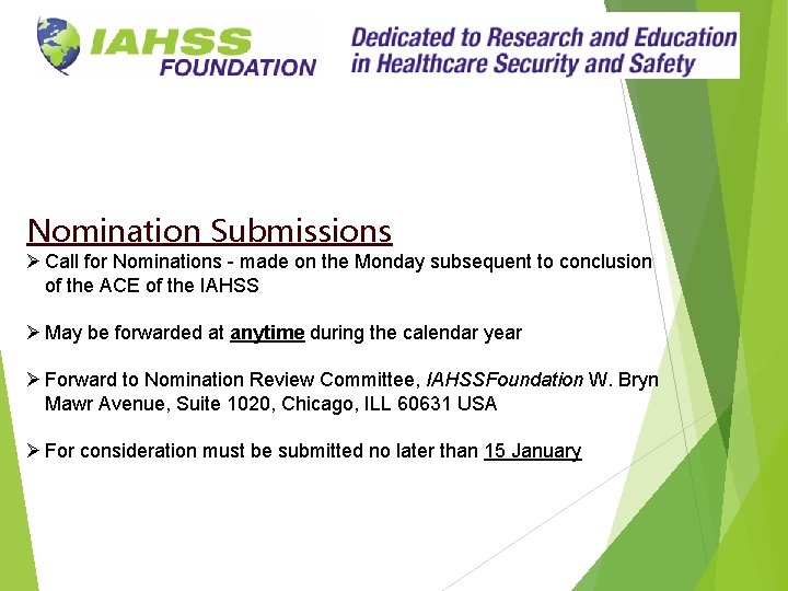 Nomination Submissions Ø Call for Nominations - made on the Monday subsequent to conclusion