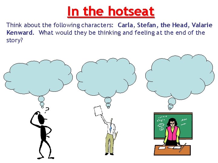 In the hotseat Think about the following characters: Carla, Stefan, the Head, Valarie Kenward.