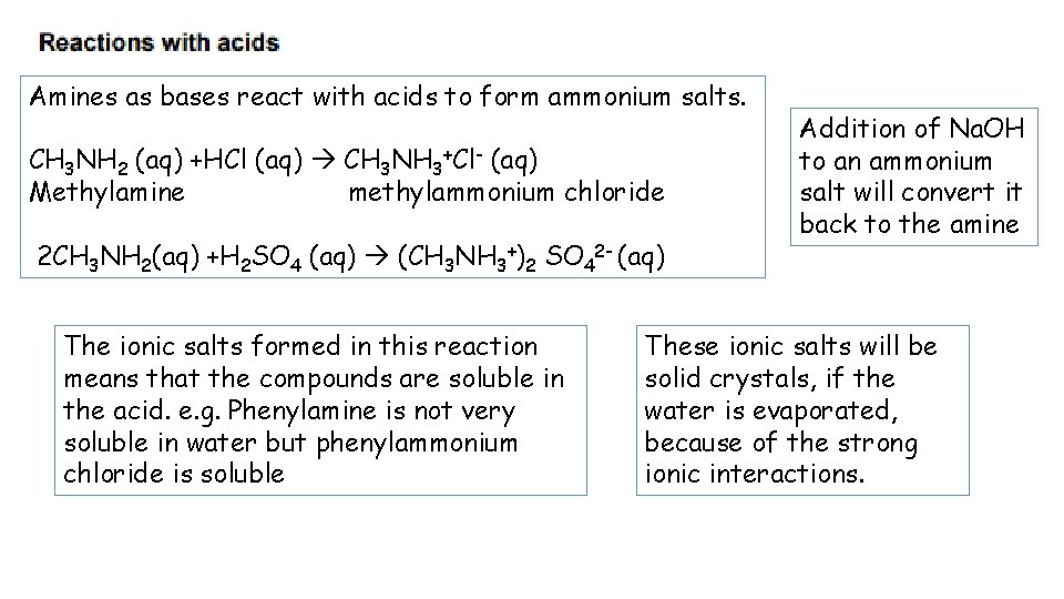 Amines as bases react with acids to form ammonium salts. CH 3 NH 2