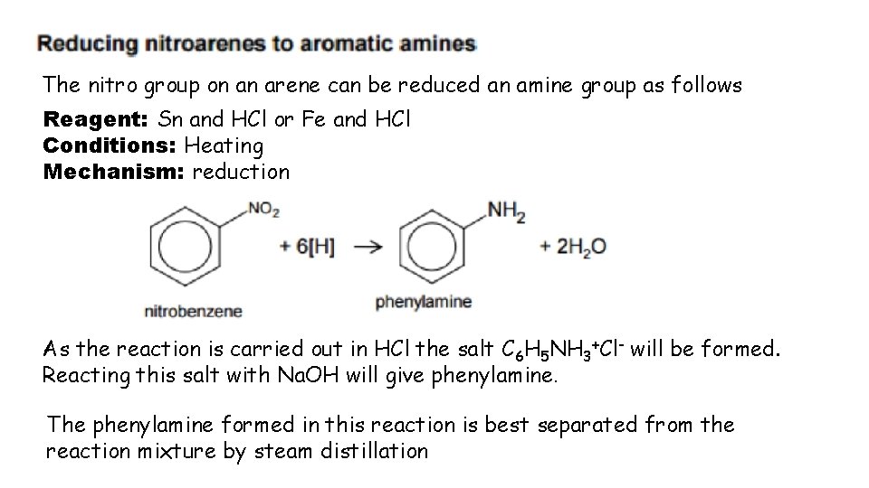 The nitro group on an arene can be reduced an amine group as follows