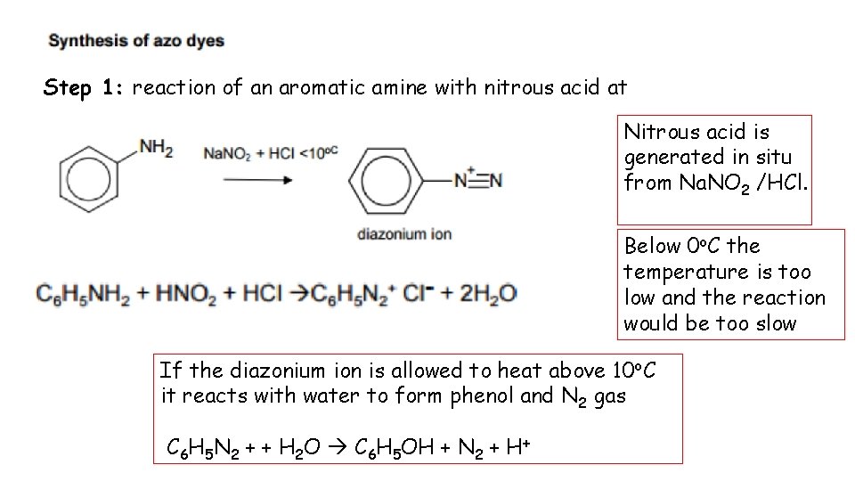 Step 1: reaction of an aromatic amine with nitrous acid at Nitrous acid is