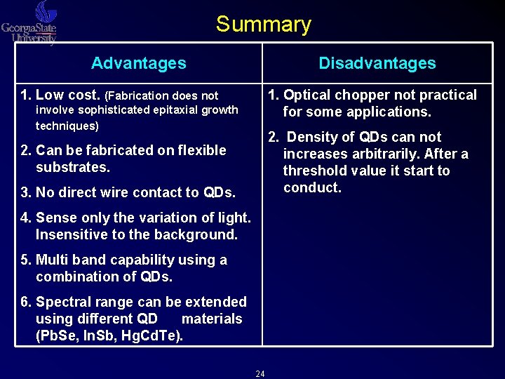 Summary Advantages Disadvantages 1. Low cost. (Fabrication does not 1. Optical chopper not practical Summary Advantages Disadvantages 1. Low cost. (Fabrication does not 1. Optical chopper not practical