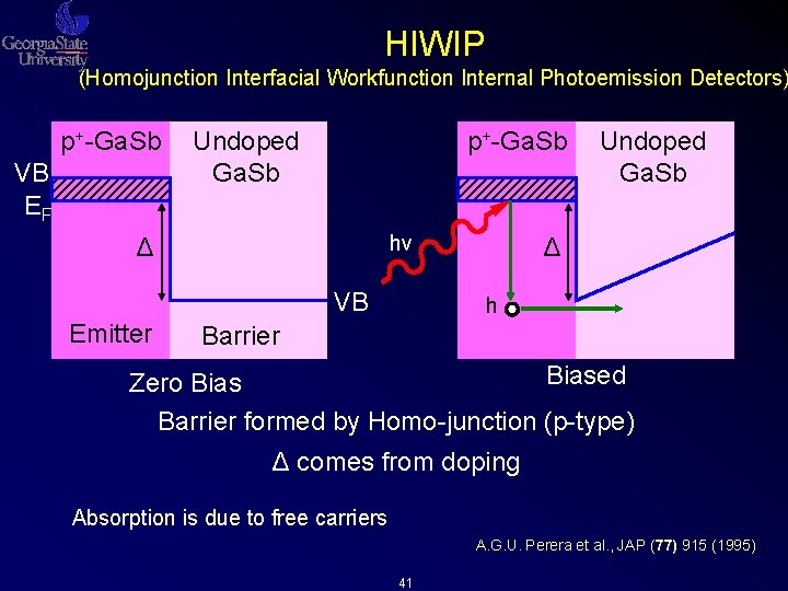 HIWIP (Homojunction Interfacial Workfunction Internal Photoemission Detectors) p+-Ga. Sb VB EF p+-Ga. Sb Undoped HIWIP (Homojunction Interfacial Workfunction Internal Photoemission Detectors) p+-Ga. Sb VB EF p+-Ga. Sb Undoped