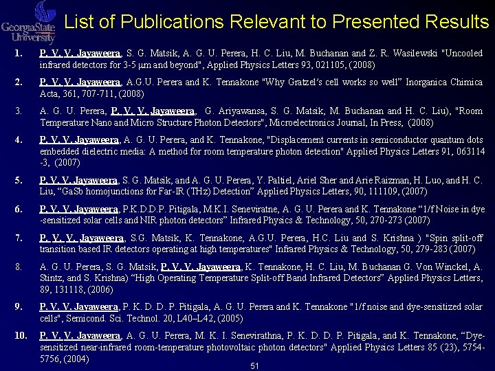 List of Publications Relevant to Presented Results 1. P. V. Jayaweera, S. G. Matsik, List of Publications Relevant to Presented Results 1. P. V. Jayaweera, S. G. Matsik,