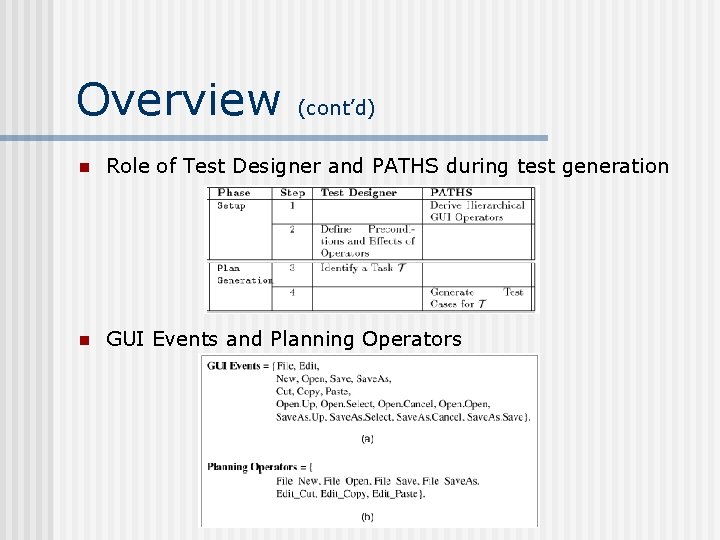 Overview (cont’d) n Role of Test Designer and PATHS during test generation n GUI