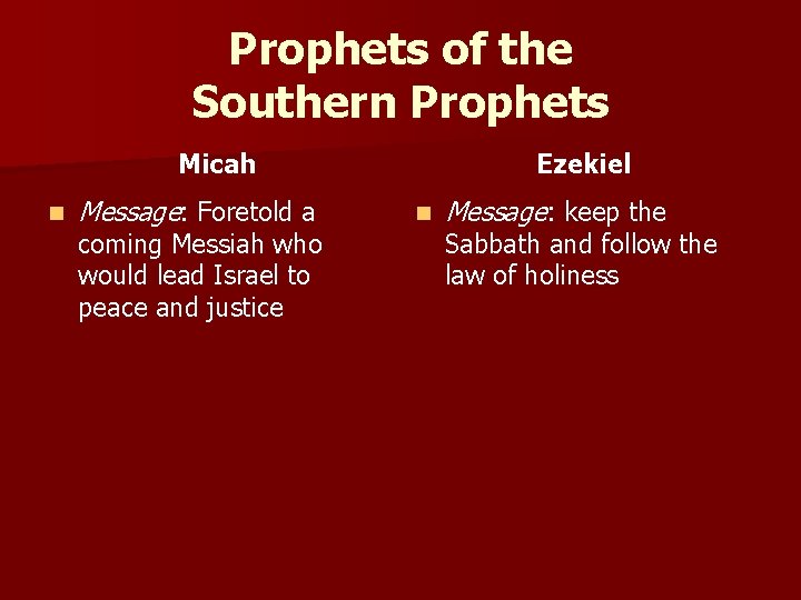 Prophets of the Southern Prophets Micah n Message: Foretold a coming Messiah who would