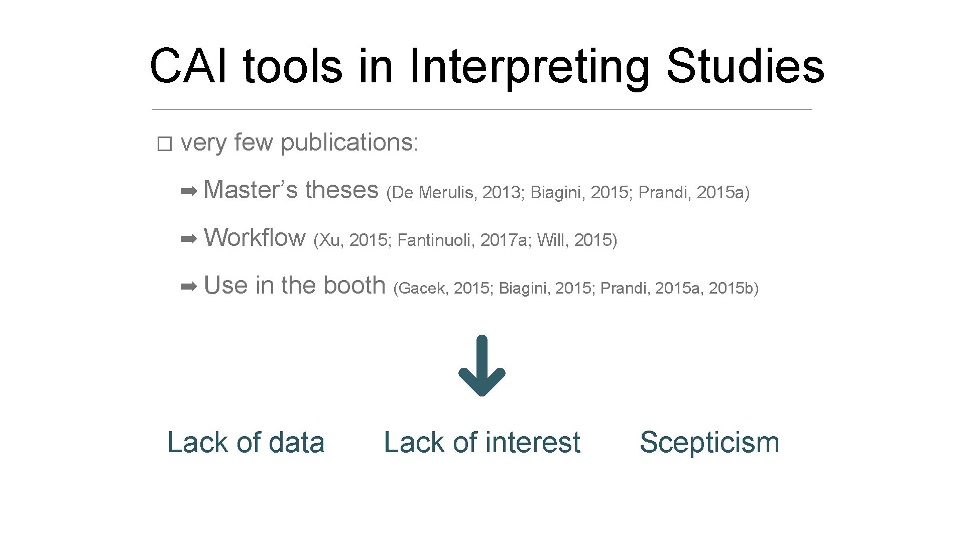 CAI tools in Interpreting Studies � very few publications: ➡ Master’s theses (De Merulis, CAI tools in Interpreting Studies � very few publications: ➡ Master’s theses (De Merulis,