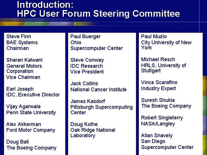 Introduction: HPC User Forum Steering Committee Steve Finn BAE Systems Chairman Paul Buerger Ohio Introduction: HPC User Forum Steering Committee Steve Finn BAE Systems Chairman Paul Buerger Ohio