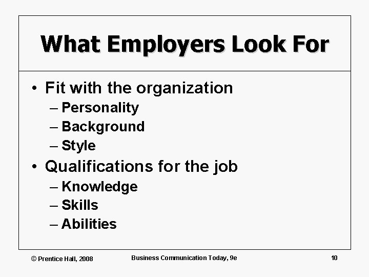 What Employers Look For • Fit with the organization – Personality – Background –