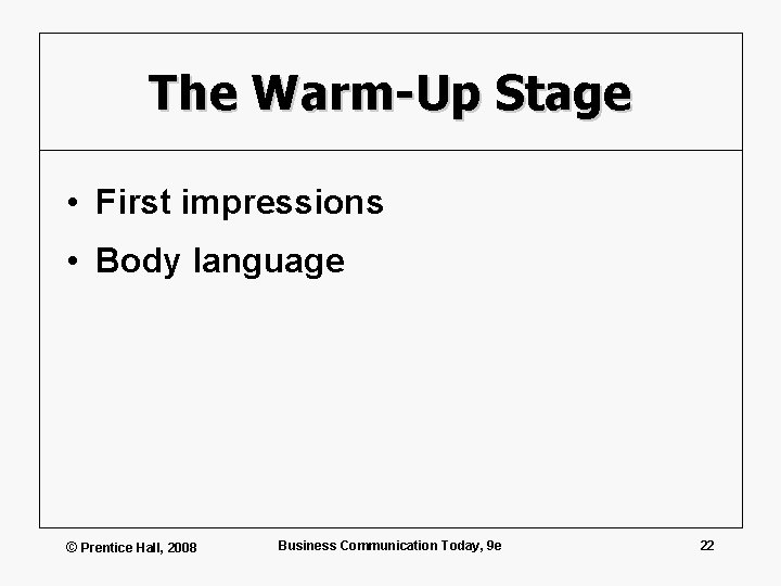 The Warm-Up Stage • First impressions • Body language © Prentice Hall, 2008 Business