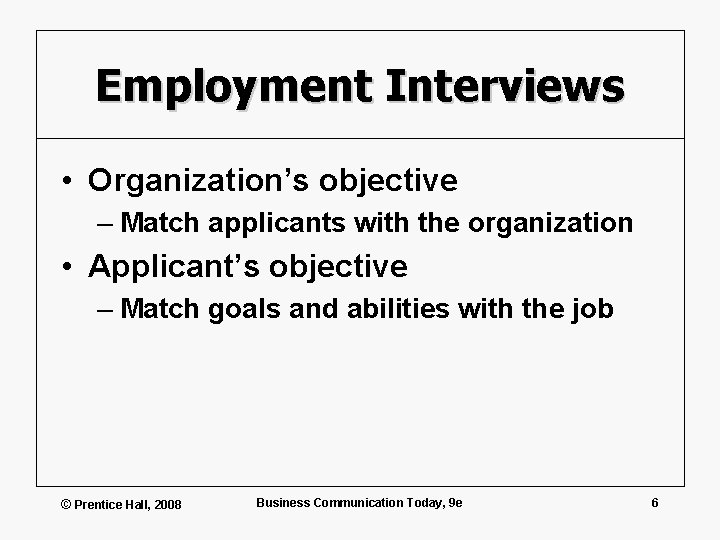 Employment Interviews • Organization’s objective – Match applicants with the organization • Applicant’s objective