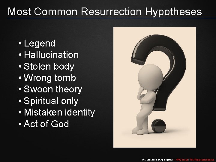 Most Common Resurrection Hypotheses • Legend • Hallucination • Stolen body • Wrong tomb Most Common Resurrection Hypotheses • Legend • Hallucination • Stolen body • Wrong tomb