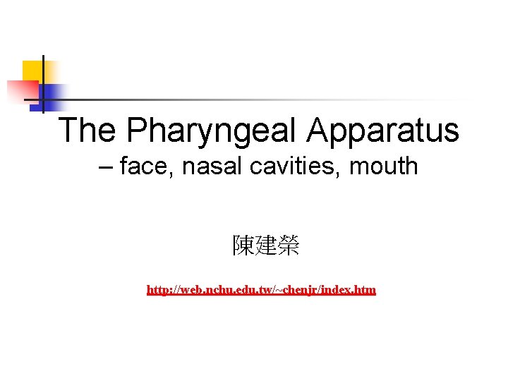 The Pharyngeal Apparatus – face, nasal cavities, mouth 陳建榮 http: //web. nchu. edu. tw/~chenjr/index.