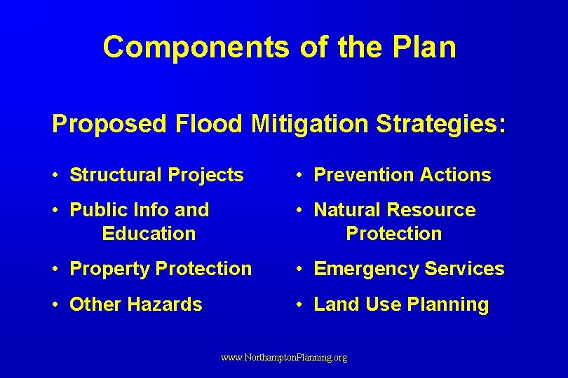 Components of the Plan Proposed Flood Mitigation Strategies: • Structural Projects • Prevention Actions