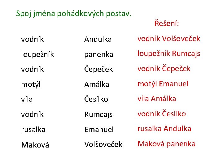 Spoj jména pohádkových postav. Řešení: vodník Andulka vodník Volšoveček loupežník panenka loupežník Rumcajs vodník