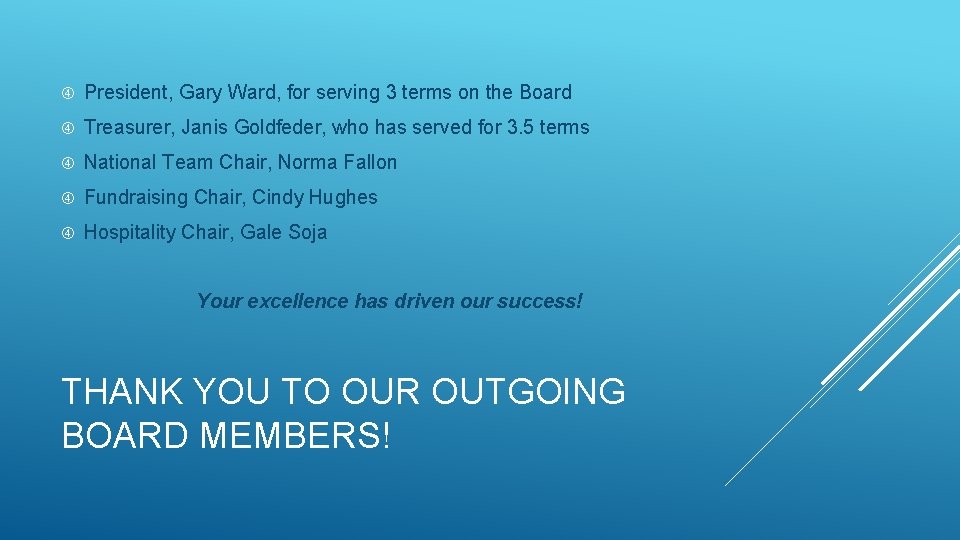 President, Gary Ward, for serving 3 terms on the Board Treasurer, Janis Goldfeder, President, Gary Ward, for serving 3 terms on the Board Treasurer, Janis Goldfeder,