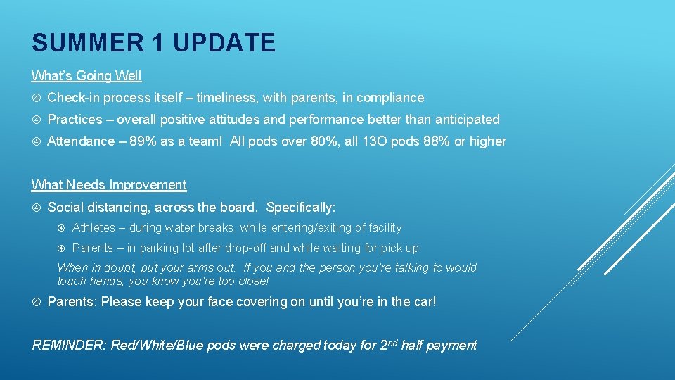 SUMMER 1 UPDATE What’s Going Well Check-in process itself – timeliness, with parents, in SUMMER 1 UPDATE What’s Going Well Check-in process itself – timeliness, with parents, in