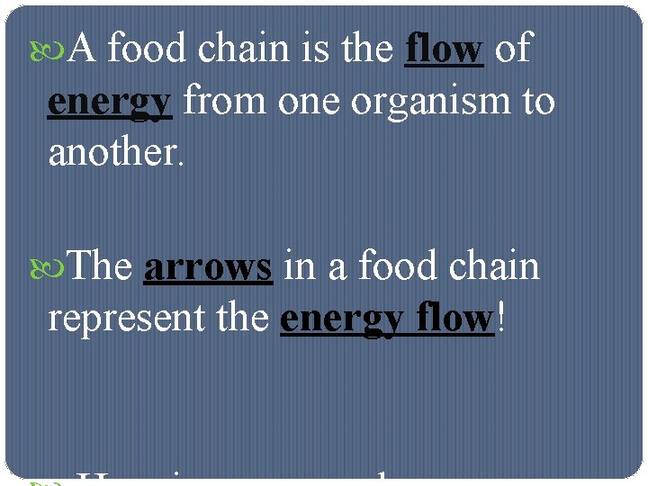  A food chain is the flow of energy from one organism to another.