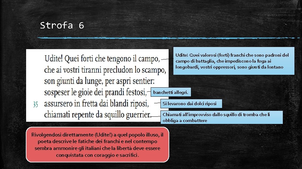 Strofa 6 Udite! Quei valorosi (forti) franchi che sono padroni del campo di battaglia,