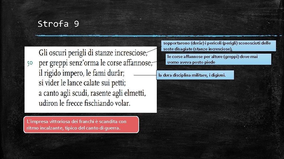 Strofa 9 sopportarono (durâr) i pericoli (perigli) sconosciuti delle soste disagiate (stanze incresciose), le