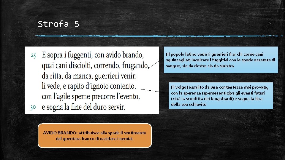 Strofa 5 [Il popolo latino vede] i guerrieri franchi come cani sguinzagliati incalzare i