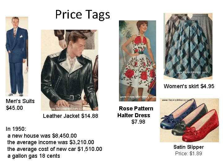  Price Tags Men's Suits $45. 00 Leather Jacket $14. 88 In 1950: a