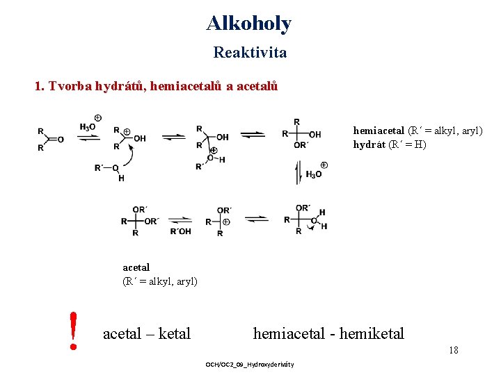 Alkoholy Reaktivita 1. Tvorba hydrátů, hemiacetalů a acetalů hemiacetal (R´ = alkyl, aryl) hydrát