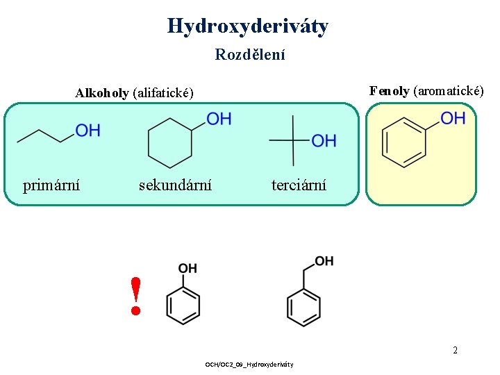 Hydroxyderiváty Rozdělení Fenoly (aromatické) Alkoholy (alifatické) primární sekundární terciární ! 2 OCH/OC 2_09_Hydroxyderiváty 