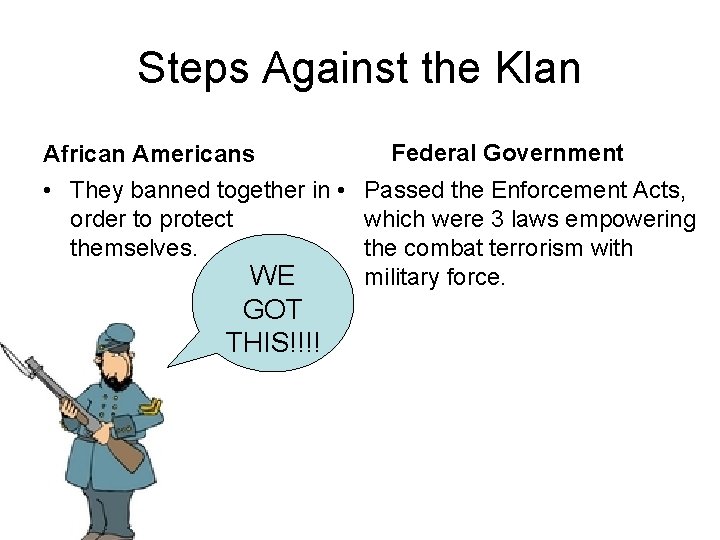 Steps Against the Klan African Americans Federal Government • They banned together in •